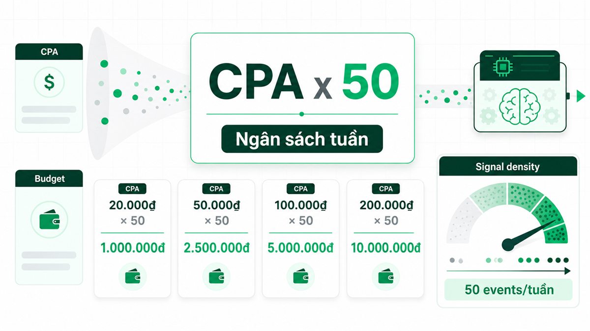 Công thức CPA x 50 để ước tính ngân sách tuần cho đủ signal density