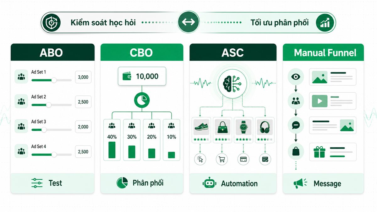 So sánh ABO CBO ASC và manual funnel như các công cụ điều phối ngân sách