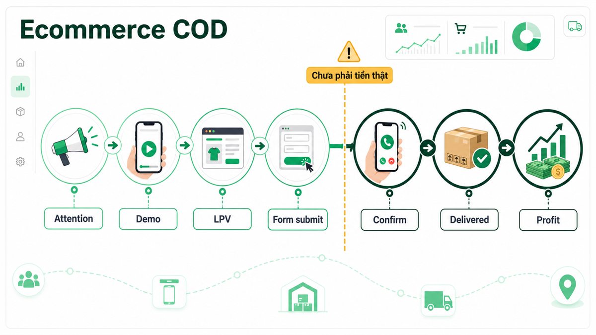 Phễu ecommerce COD từ form submit đến đơn giao thành công và lợi nhuận