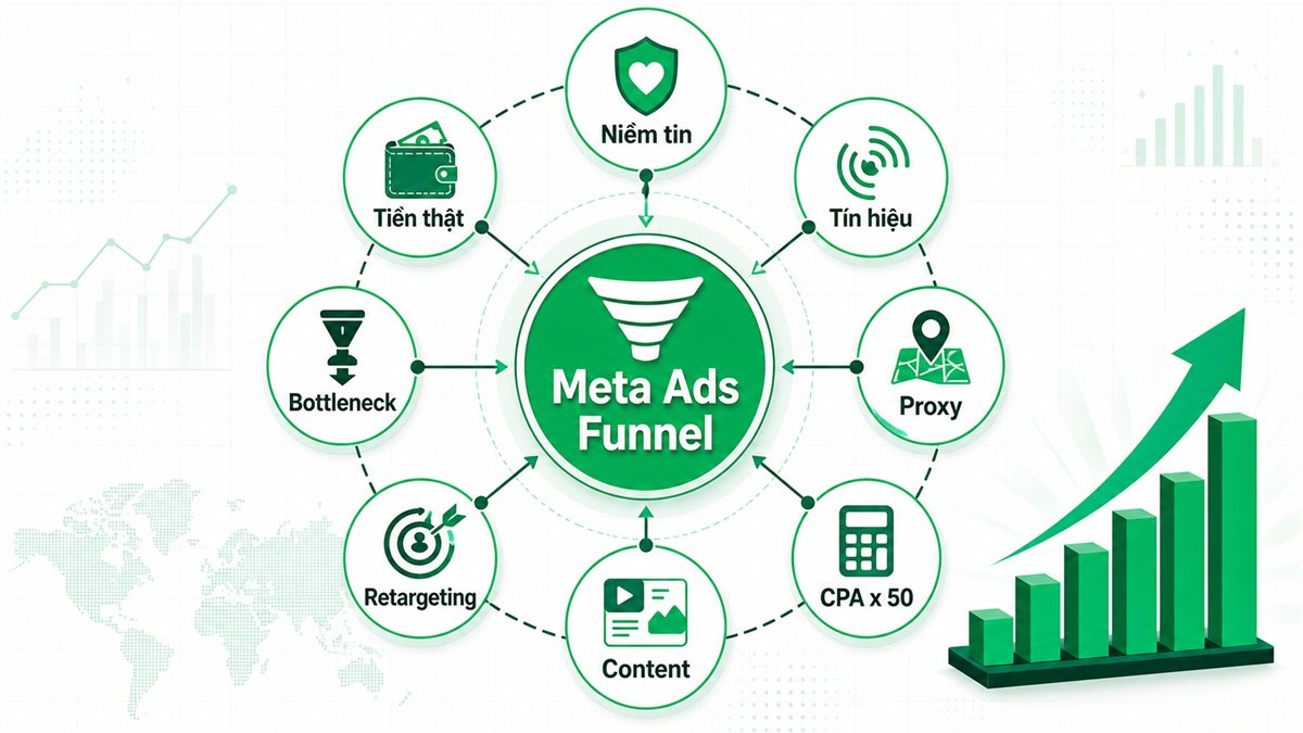Tóm tắt framework Meta Ads Funnel theo niềm tin tín hiệu proxy ngân sách content retargeting bottleneck và tiền thật