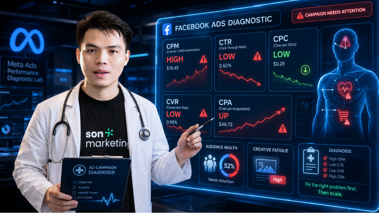 Bảng chẩn đoán Facebook Ads: CPM cao, CTR thấp, CPC rẻ, CVR thấp thì sửa gì trước?